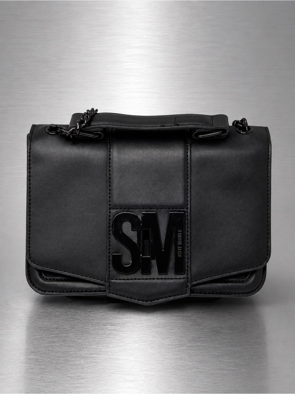 Steve Madden Black Leather Messenger Bag with SV Logo